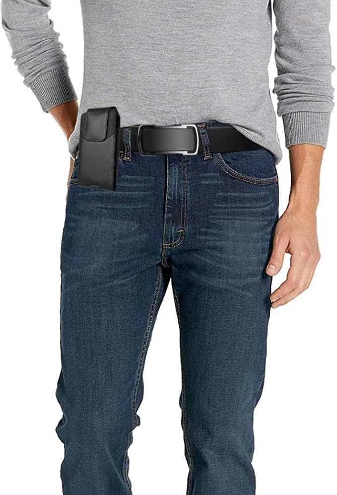 Leather Cell Phone Holster for T-Mobile REVVLRY+, REVVL 4, AT&T Fusion Z, Motivate, Jitterbug Smart3, Kyocera DuraSport 5G - Vertical Case Waist Carrying Pouch with Belt Clip/Loops, Black