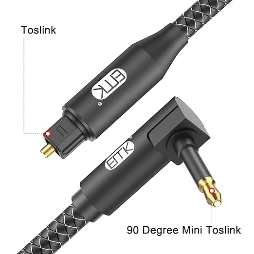 EMK Premium 90° Right-Angle Mini Toslink Cable (6Ft/2M) - 3.5mm Optical Digital Audio Cable for Sound Bars, TVs & Home Theater - SPDIF/Toslink Compatible, Black