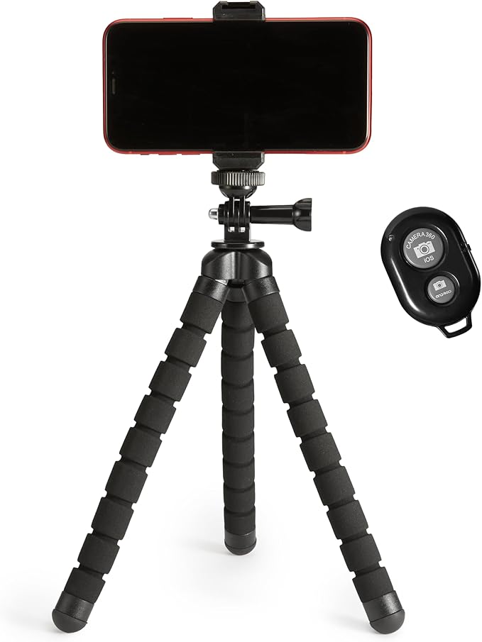 Amazon Basics Portable and Flexible Tripod with Wireless Remote and Smartphone Clamp, 10-inch long, Black