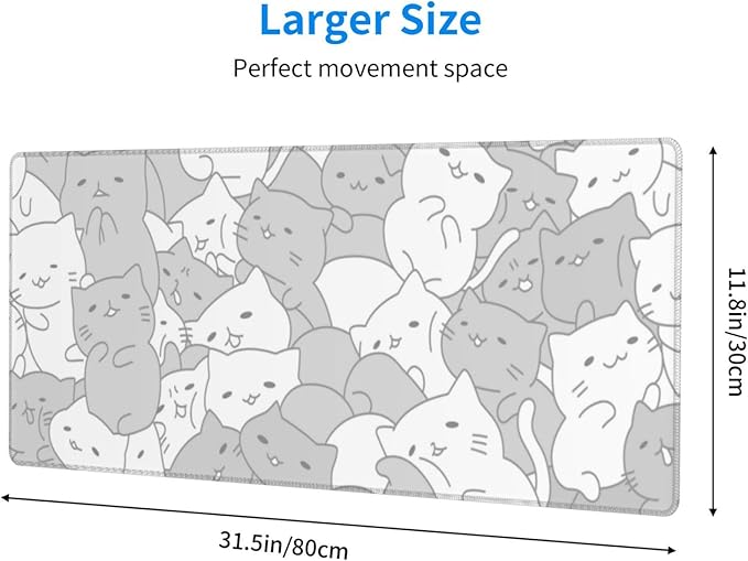 White Kawaii Cats E-Sport Mouse Pad Large Desk Mat Non-Slip Rubber Base Stitched Edge Keyboard Mouse Pad for Office Home E-Sport Computer Laptop, 31.5×11.8 Inches