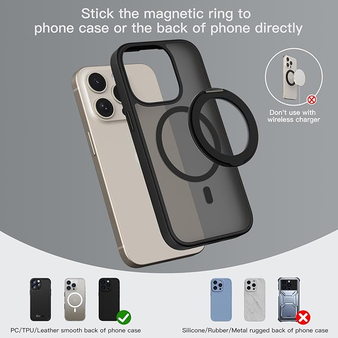 COOLQO Upgraded Magnetic Phone Ring Holder Stand, Super Magnet Cell Phone Grip Finger Kickstand Compatible with MagSafe Mag Safe Accessory for iPhone All Smartphones (1-Black)