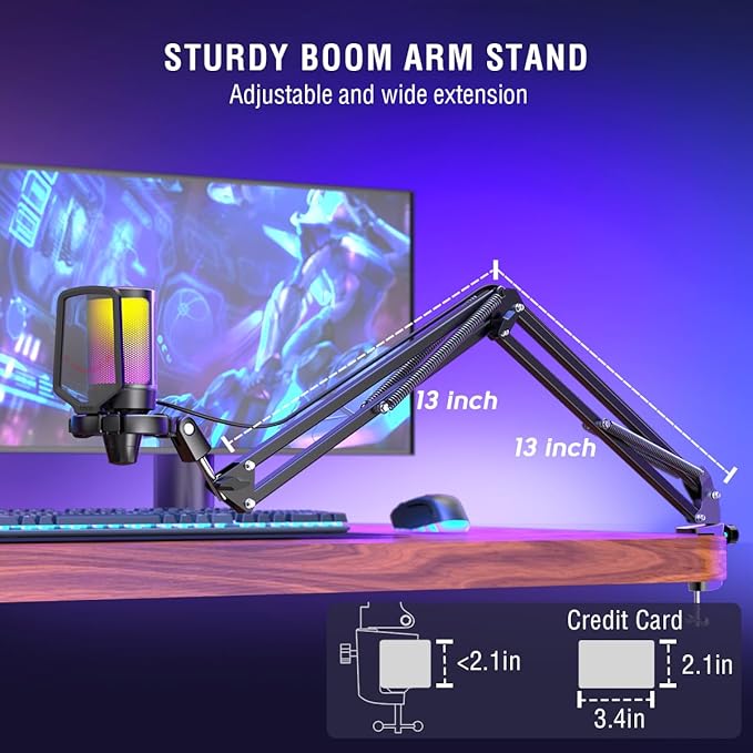 FIFINE Gaming PC USB Microphone, Podcast Condenser Mic with Boom Arm, Pop Filter, Mute Button for Streaming, Twitch, Online Chat, RGB Computer Mic for PS4/5 PC Gamer Youtuber-AmpliGame A6T