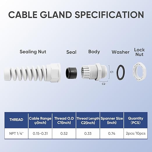 Strain Relief Cord Connector,LISTENJIALE 10Pcs NPT 1/4" Waterproof Cable Gland Flex Spiral Strain Relief Adjustable 4-8mm Cable Connector Nylon Joint with Gaskets(Grey)
