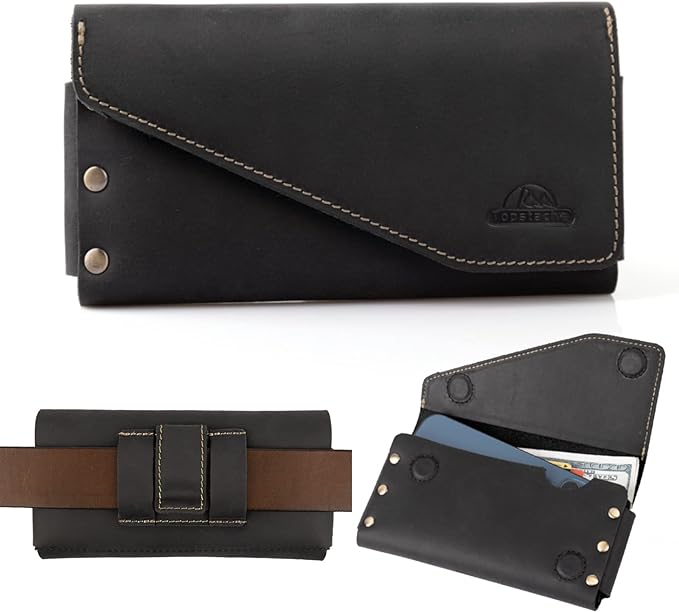 Topstache Leather Phone Holster with Belt Clip for Galaxy S23,S22,iPhone 14,14 Pro,Belt Phone Case for Universal Smartphone with Otterbox Case,Flip Cellphone Pouch,L,Black