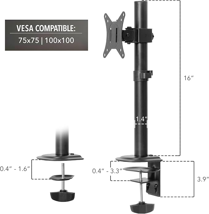Mount-It! Single Monitor Desk Mount – Computer Screen Stand with Full Motion Adjustability – VESA Monitor Bracket Up to 32" 19.8 lbs – 360° Rotation, 160° Swivel, 40° Tilt – Clamp & Grommet Base