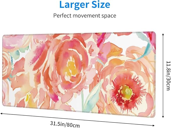 Pink Flower Large Mouse Pad Extended Gaming Mousepad 31.5 x 11.8 Inch with Anti-Slip Rubber Base Cute Office Decor Women Girls Computer Accessories Home Office Supplies