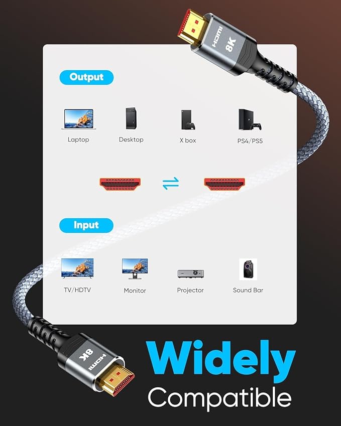 Highwings 8K HDMI Cable Long 2.1 30FT/9M, 48Gbps High Speed HDMI 4K120 144Hz Dynamic HDR 10 eARC HDCP 2.2&2.3 Compatible for PS5, Blu-ray Player and Monitor