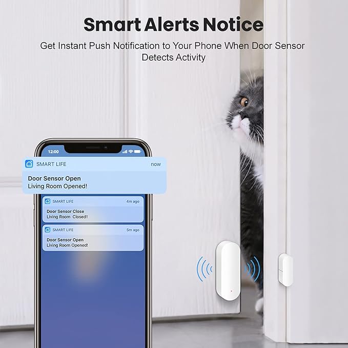 WiFi Door Sensor: Smart Door Open/Closed Detectors, Wireless Window Sensor with App Notification Alert, Contact Sensor for Home Security, Compatible with Alexa Google Assistant (4pack)