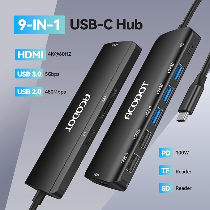 Acodot 9 in 1 USB C to 4K@60HZ HDMI Multiport Adapter, 3 USB 3.0 Ports, SD/TF Card Reader, 100W PD, Designed for MacBook Pro Air HP XPS etc, Black