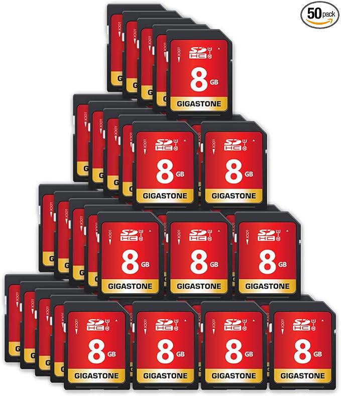 GIGASTONE 8GB SD Card 50-Pack UHS-I U1 Class 10 SDHC Memory Card Full HD Video Canon Kodak Olympus Digital Camera, with 50 Mini Cases