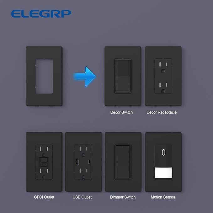 ELEGRP Matte Black 1-Gang Screwless Decorative Wall Plates, Standard Size Unbreakable Thermoplastic Faceplate Cover for Decorator Receptacle Outlet Switch, UL Listed (20 Pack)