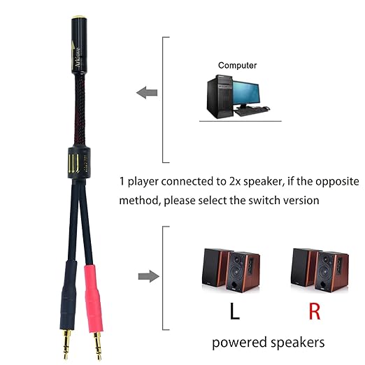 Arklove 10ft Shielded 1/8" aux Input 3.5mm Female to 2X 3.5 Output Splitter Stereo Audio Video Cable Out 3.5 Male to Two 3.5 Male in Dual Speaker Cord 24k Gold Plated Cord