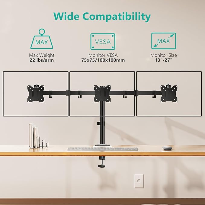 WALI Triple Monitor Mount, Heavy Duty Triple Monitors Stand for 13-27 inch Screens, Adjustable 3 Monitor Desk Mount with Swivel, Tilt, Rotation, Clamp & Grommet Base Kit (M003SN), Black