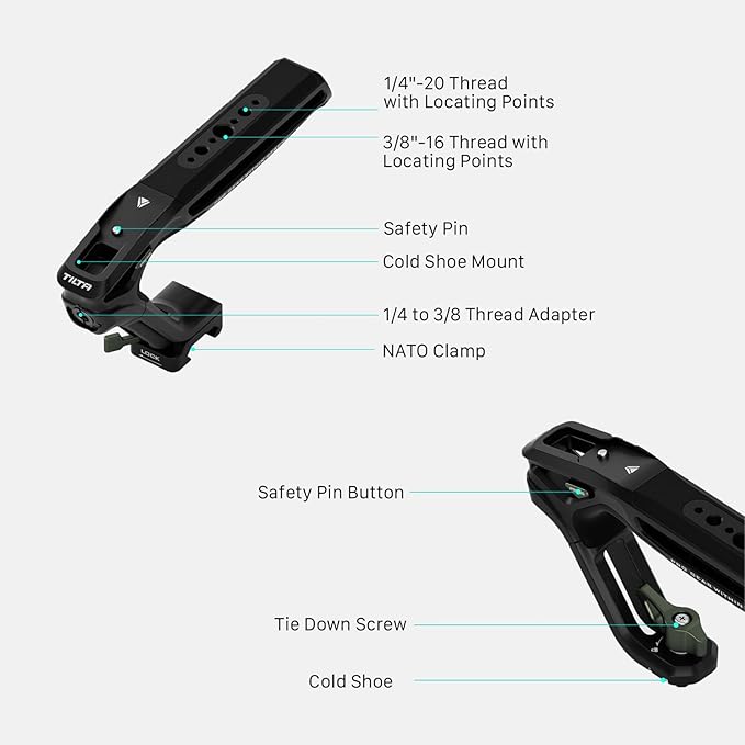 Tilta Xeno Top Handle for Filmmakers & Cameras - Titanium Gray | Aluminum Alloy and Silicone Build | Safety Release Pin | Comfortable Handling (1/4″-20 and 3/8″-16 Threads w/Locating Points)