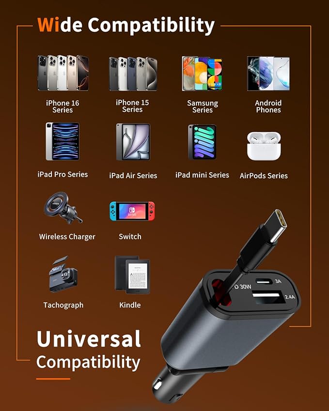 Retractable Car Charger, 3 in 1 Fast Car Phone Charger 50W, 1 TypeC Retractable Cables and USB Port, Compatible with iPhone 16/15/14/13/12/11,Galaxy,Pixel