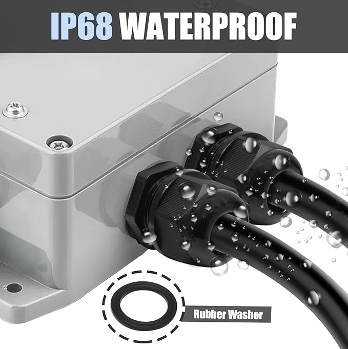 12 Pcs 1/2" NPT Nylon Cable Glands, Black Strain Relief Cable Cord Connector IP68 Waterproof Junction Box Wire Protectors Adjustable for 6-12mm Cable Diameter
