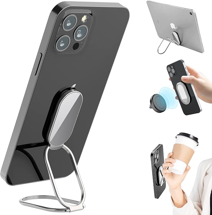 Phone Ring Holder Finger Kickstand, 360° Rotation Metal Phone Grip for Magnetic Car Mount Foldable Cell Phone Stand Compatible with Most Smartphones Silver
