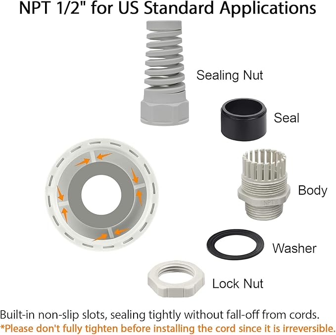 LeMotech 2Pcs NPT 1/2" IP68 Waterproof Cable Gland Flex Spiral Strain Relief Grey Nylon Joint with Gaskets for 6-12mm Wire Thread