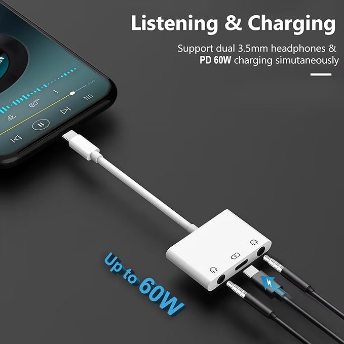 3-in-1 Aux to USB C Headphone Splitter USB-C to Dual 3.5mm Audio Adapter Dual Headphone Jack Adapter with PD Charging Compatible with iPhone 15/16, iPad Pro, Galaxy S25 Ultra, and More