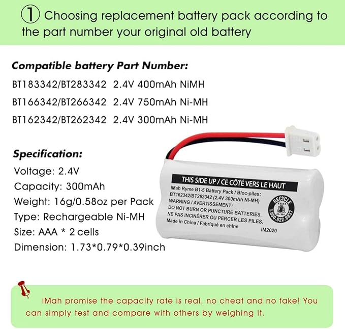 iMah BT162342/BT262342 2.4V 300mAh Ni-MH Cordless Phone Battery Pack, Also Compatible with BT183342/BT283342 AT&T EL52351 TL90070 VTech CS5119 DS6511 DS6722 LS6305 Handset, 6-Pack