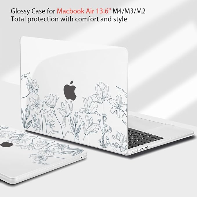 Teryeefi for 2025 2024 2023 2022 MacBook Air 13.6 inch Case M2 M3 M4 Model A3240/A3113/A2681, Glossy Plastic Hard Shell Cover with Screen Protector & Keyboard Cover & USB 3.0 Adapter, Wild Flowers