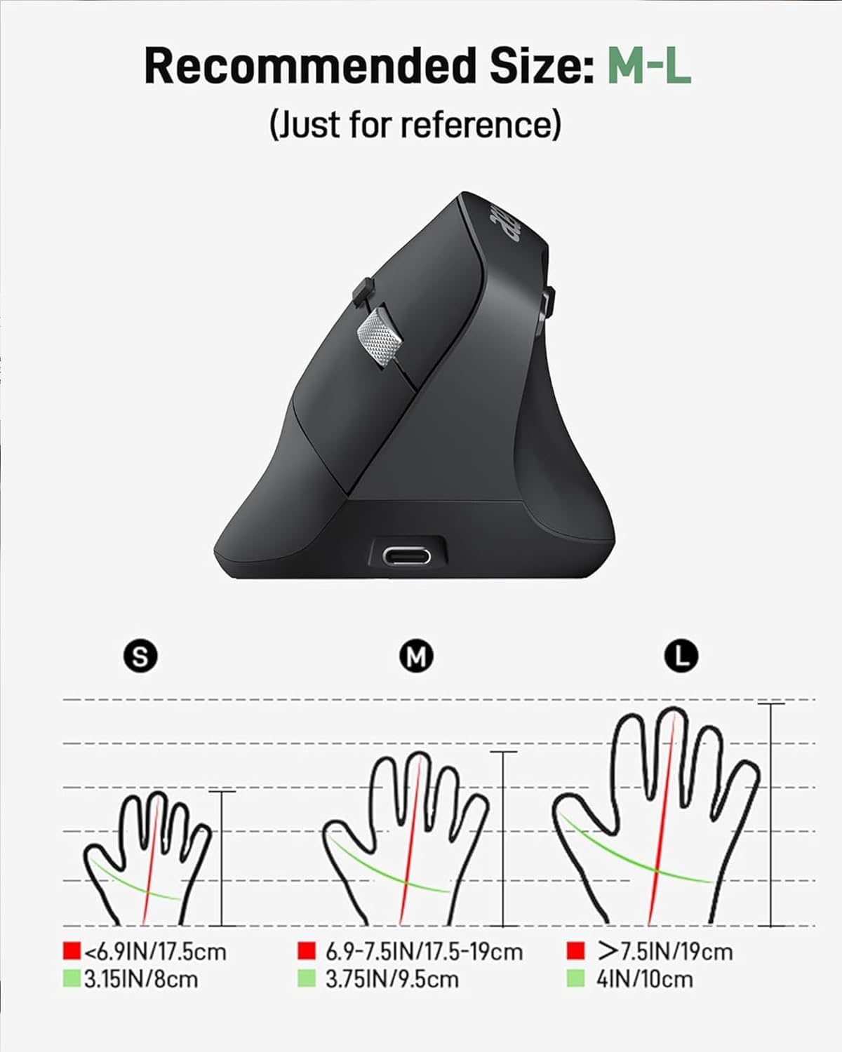 Acer Ergonomic Mouse Wireless, Adjustable DPI Vertical Mouse 1000/1200/1600 with 6 Buttons, Rechargeable Ergo Mice, Medium to Large Sized Hands, 2.4GHz USB Receiver for Computer, Laptop, PC