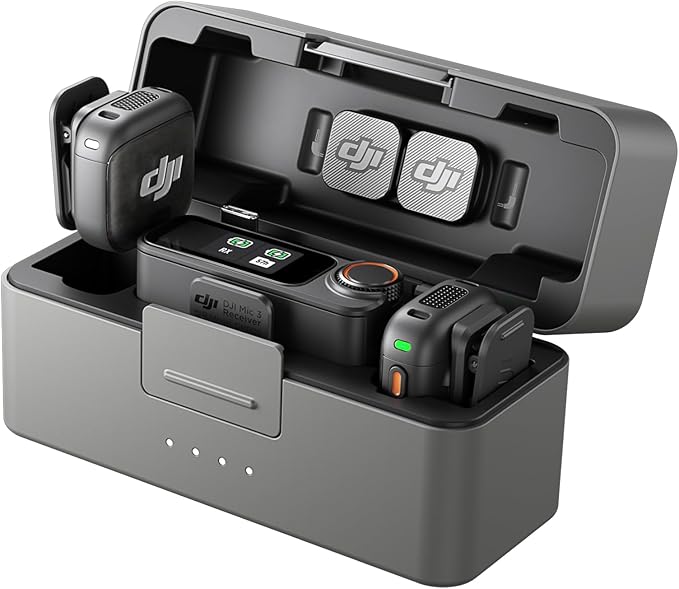 DJI Mic 3 (2 TX + 1 RX + Charging Case), Wireless Microphone for iPhone/Camera/Android, Ultralight, Adaptive Gain Control for Balanced Volume, Dual Band Anti-Interference, 28hrs Use, Vlog