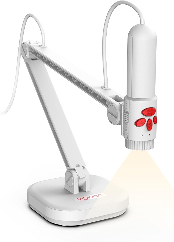 INS-3 Handheld Webcam/USB Document Camera for Classroom, Built-in Mic, Light, Auto Focus, Windows, Mac OS, iPad OS, Chromebook for Close-up Demo, Distance Learning, Web Conferencing, IWBs