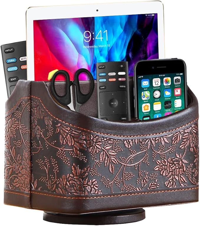 Fanousy 360° Rotating Remote Control Holder, PU Leather TV Remote Caddy Organizer Basket Storage Box with 5 Compartments for Pen, Pencil, Art Supplies, Makeup Brush, Office Desk Table Accessories