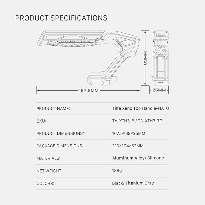 Tilta Xeno Top Handle for Filmmakers & Cameras - Titanium Gray | Aluminum Alloy and Silicone Build | 1/4″-20 and 3/8″-16 Threads w/Locating Points | Safety Release Pin | Comfortable Handling (NATO)