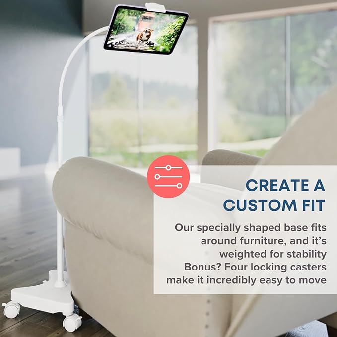 LEVO Adjustable Height Floor Stand on Wheels for Tablet & Phone - Gooseneck Holder Mount with Stable Base - Compatible with All Cell Phones & Tablets (4-13 inch) - White