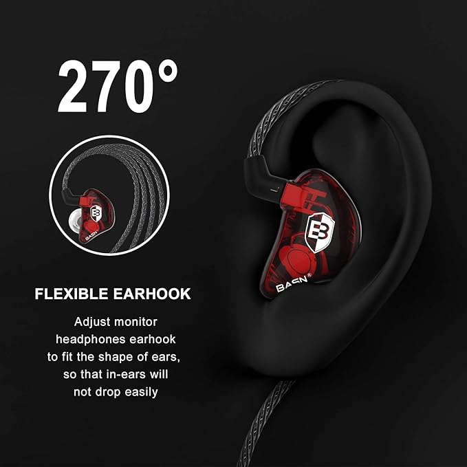 BASN Bsinger PRO in-Ear Monitors Hybrid Dynamic Dual Drivers Two Detachable MMCX Cables Musicians in-Ear Earbuds Headphones (Red)