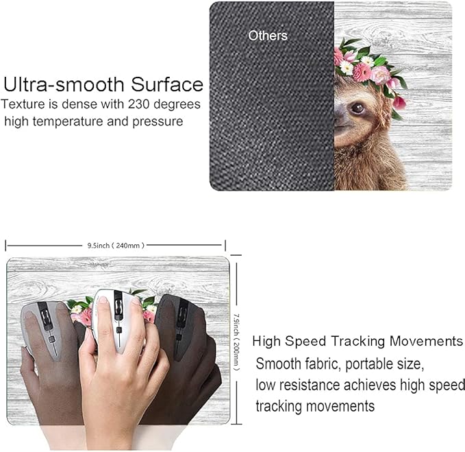 Hokafenle Mouse Pad, Cute Sloth with Floral Mouse Pad, Mouse Mat Square Waterproof Mousepad with Design, Non-Slip Rubber Base Mouse Pads for Women Office Laptop