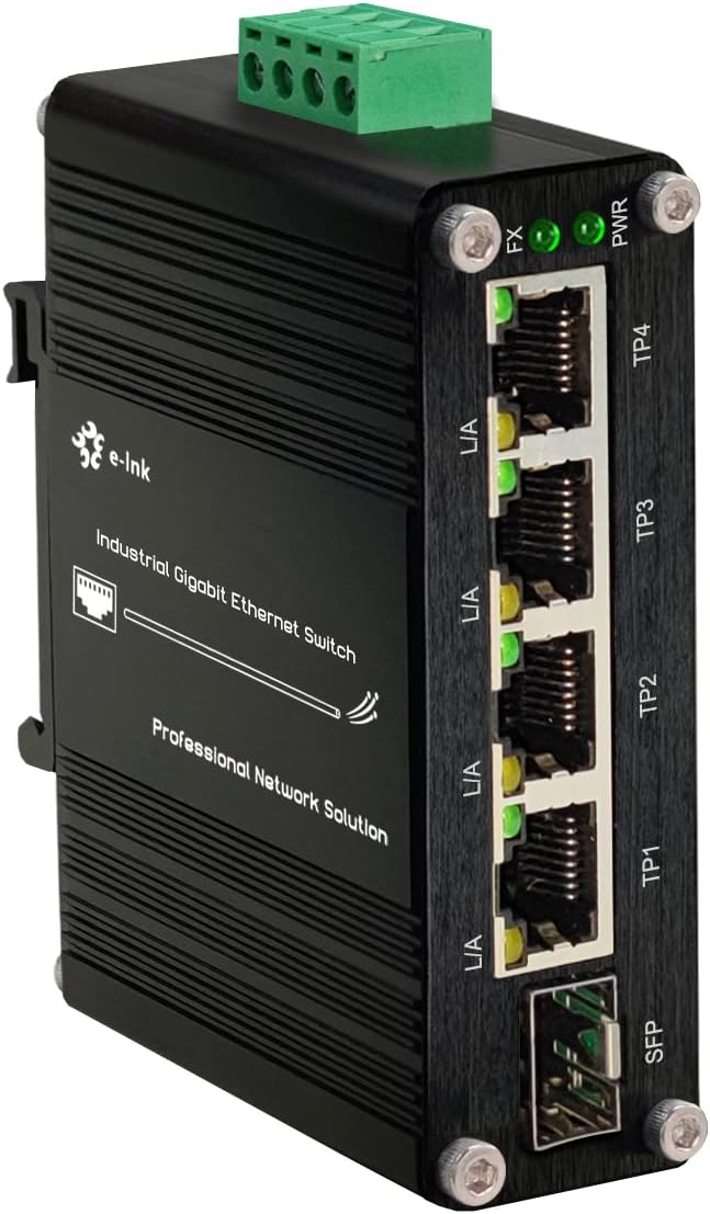 Industrial Gigabit 4-Port Ethernet Switch - Hardened 10/100/1000Mbps Fiber with 100/1000M Adaptive SFP Slot, Din Rail/Wall Mount, Unmanaged Network, 12-48V DC, 5-Port