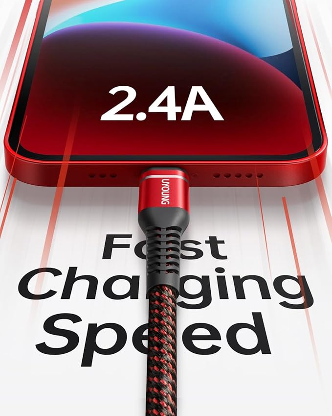 UYOUNG iPhone Charger Cable 3Pack 6FT [Apple MFi Certified] USB to Lightning Cable Nylon Braided Heavy Duty Fast Charging Cord Compatible with iPhone 14/13/12/11/SE/X/XS/XR/8/7/6/6S/iPad - Red
