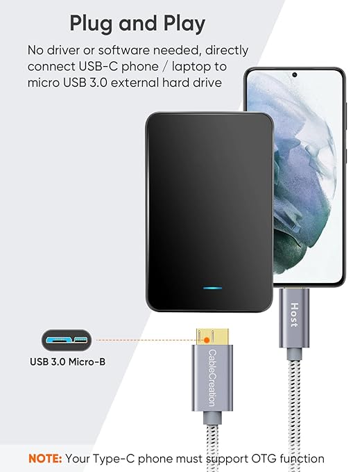 CableCreation 1FT*2 USB C to Micro B Cable,10Gbps Speed External Hard Drive Braided,USB 3.1 Type C to Micro B Work for iPhone 15 Series,Seagate WD Westgate My Passport,MacBook Pro,iPad/Tablet,Grey