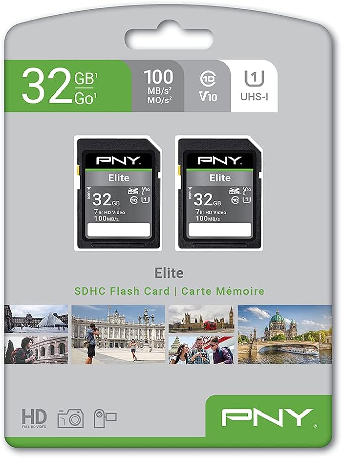 PNY 32GB Elite Class 10 U1 V10 SDHC Flash Memory Card - 100MB/s, Class 10, U1, V10, Full HD, UHS-I, Full Size SD (Pack of 2)