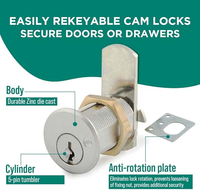Olympus Rekeyable Cam Lock | 1" Cylinder 915 Key, Keyed Alike | US26D Chrome Cabinet | Grade 1 Lock for Doors & Drawers