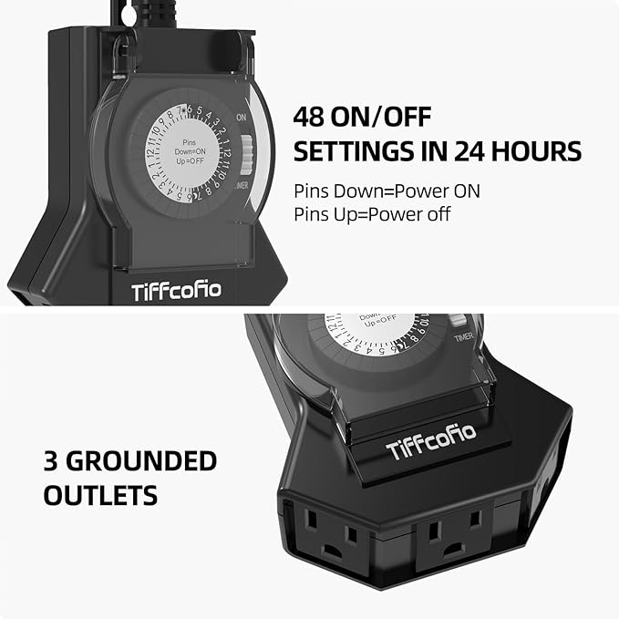 Outdoor Timer Outlet Waterproof, 24 Hour Mechanical Light Timer Outdoor, 2 Grounded Outlets for Home and Garden, 15A 1/2HP, Heavy Duty, ETL Listed (1 Pack)