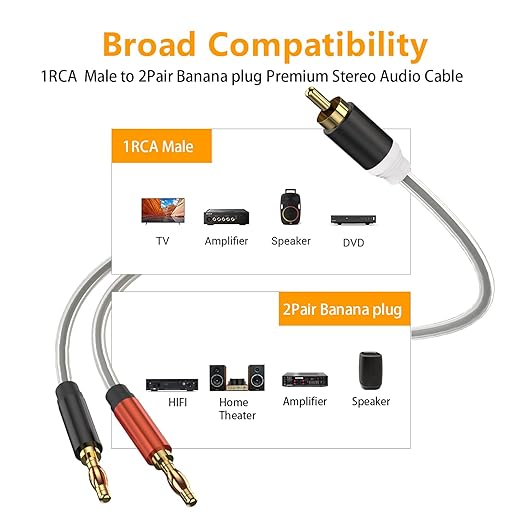 HOSONGIN RCA to Banana Plug Speaker Cable 10 Feet -2 Pack, Gold-Plated Dual-Shielding Hi-Fi Stereo Cable for Home Theater/Amplifier/Subwoofer/Speaker/Audio Receiver/Vinyl Record Player/SoundBar