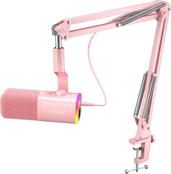 MAONO XLR/USB Gaming Microphone Kit: Dynamic PC Mic for Streaming Podcasting, Software Support, Mute Button, Gain Control, RGB Computer Mic with Boom Arm Stand, for Recording, PS4/PS5, PD100XS Pink