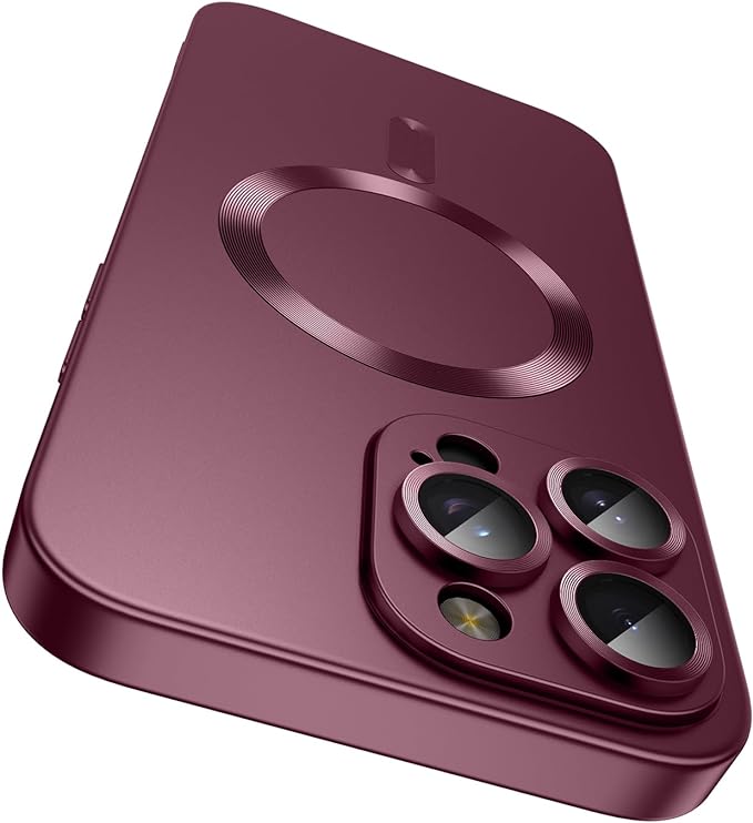 Magnetic for iPhone 16 Pro Case [Compatible with MagSafe][Built-in Camera Lens Protector] Slim Soft Silicone Bumper Shockproof Metallic Luster Phone Case (Burgundy)