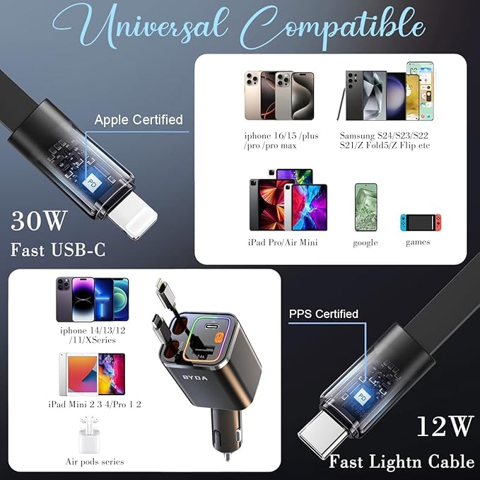 Retractable Car Charger, 4 in 1 Fast Charging USB-C & USB-A Compatible with iPhone 16/15/14/13/12/11 Pro Max, 69W Fast Car-Charger Cigarette Lighter Adapter for Galaxy, Pixel (Light-ning+USB-C) Black