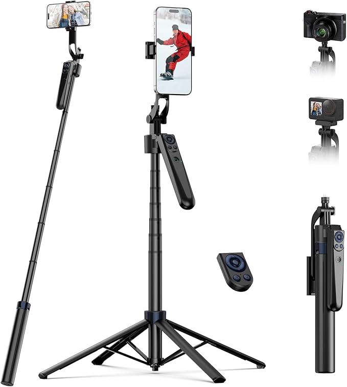 TELESIN 63" Smart Auto-Face Tracking Tripod with 360° Rotation, Remote & Gesture Control, No APP Needed, Compatible with Smartphone/Action Camera, Selfie Stick Tripod Stand for Video Live Streaming