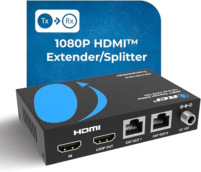 OREI 1X2 HDMI Extender Splitter Over Single CAT6/7 Cable Uncompressed 1080P with EDID - Up to 132 Ft - Loop Out - Low Latency - 1 Input 2 Output 2 Channel Transmission
