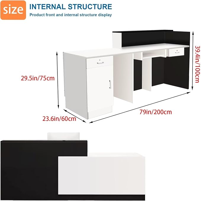 Reception Desk with Counter Modern Checkout Counter with Lockable Drawer Keyboard Tray Receptionist Desk for Office Salon Reception Table F Right 79inch/200cm