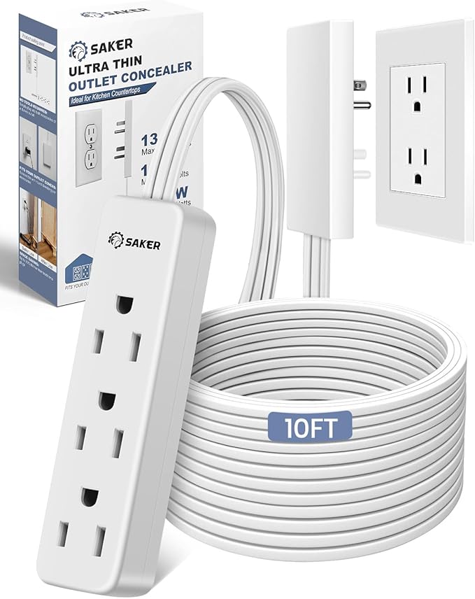 Saker Outlet Concealer Power Strip | 10ft Flat Plug Extension Cord with 3 Outlets,1625W | Universal Size Baby Proof Outlet Cover Extension Cord for Kitchen, Home and Office(10ft)
