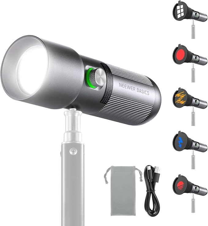 NEEWER BASICS RGB Photography Flashlight with 4 Colors/20 Gobo Filters/7500mAh, 10W Portable LED Video Spotlight Aluminum Alloy Patterned Ambient Sunset Light for Video Recording Studio Lighting, FL10