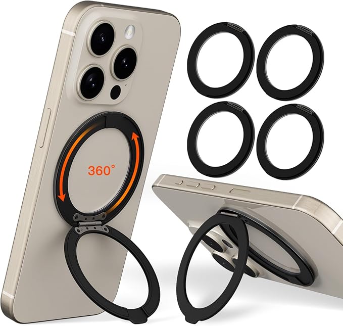 COOLQO 4Pcs 360 Spin Cell Grip Ring Phone Stand [Upgrade Gear Hinge Stress Anxiety Relief] Magnetic Holders for Your car Accessories Desk Mount Compatible with iPhone All Smartphones, Black