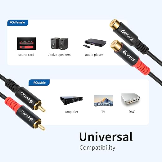 Devinal RCA Extension Cable - RCA Male to Female Nylon-Braided Durable, Flexible, and Enhanced Audio/Video Connectivity for Home Theater, Gaming, and Audio Systems 3 Feet 2-Pack
